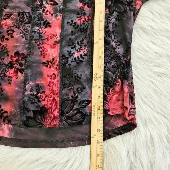 Cato Floral Red Black Burnout Top Sz Large Sheer Gothic Romantic Stretch Blouse - Picture 13 of 14